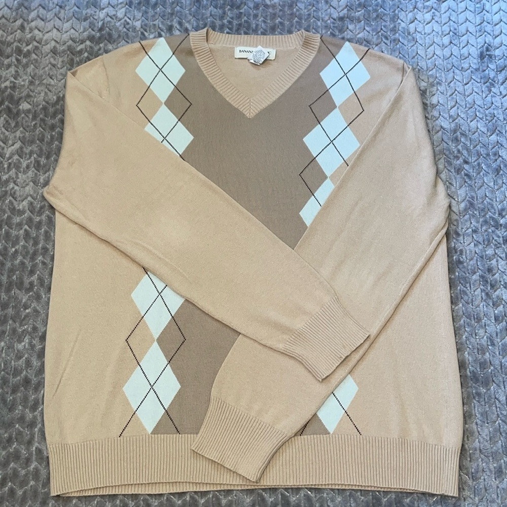 Banana‎ Republic Argyle 100% Cotton V Neck Cardigan.  Vintage.  Size Large.